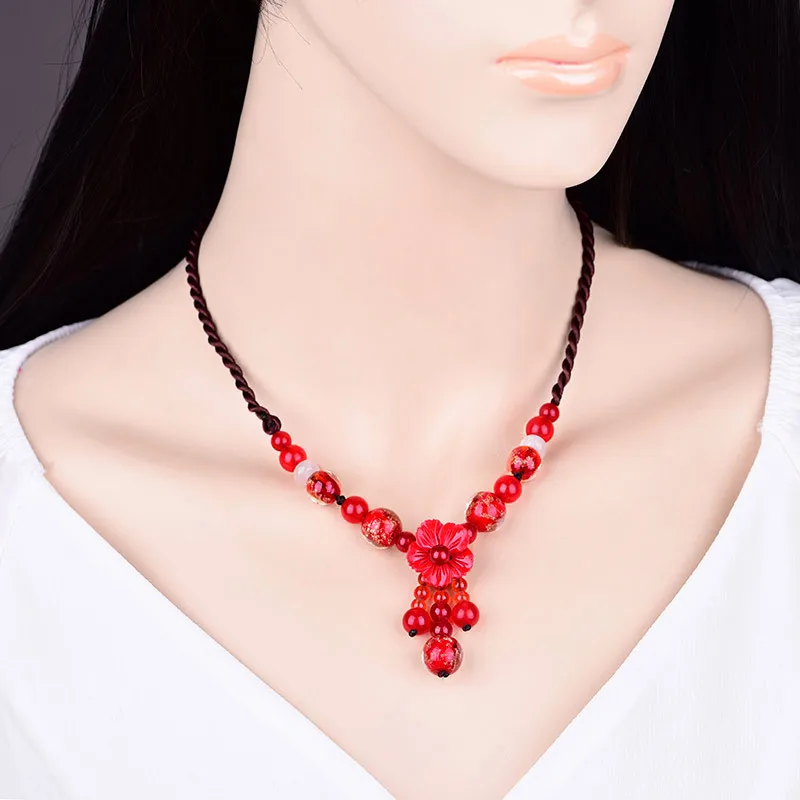 Temperamental Ethnic Style Red Onyx Beads Necklace Fashion Golden Sand Coloured Glaze Pendant Elegant Female Jewelry | Украшения и