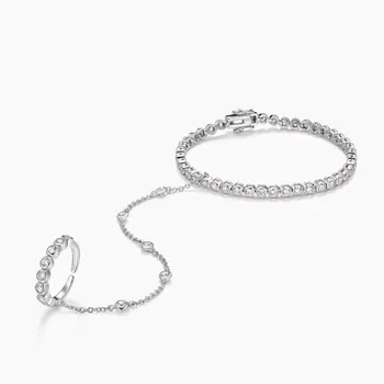 

Monaco 925 Sterling silver Bracelet Bangle Connected Finger Ring AAA Zircon Women Crystal Float Snow Hand Chain Bracelet Jewelry