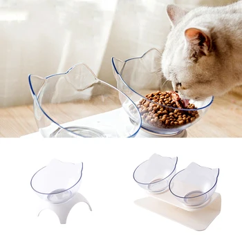 

Non-slip PC Plastic Cat Bowl Double Bowls With Raised Stand Pet Food And Water Bowls For Cats Dogs Feeders Cat Bowl Pet Supplies
