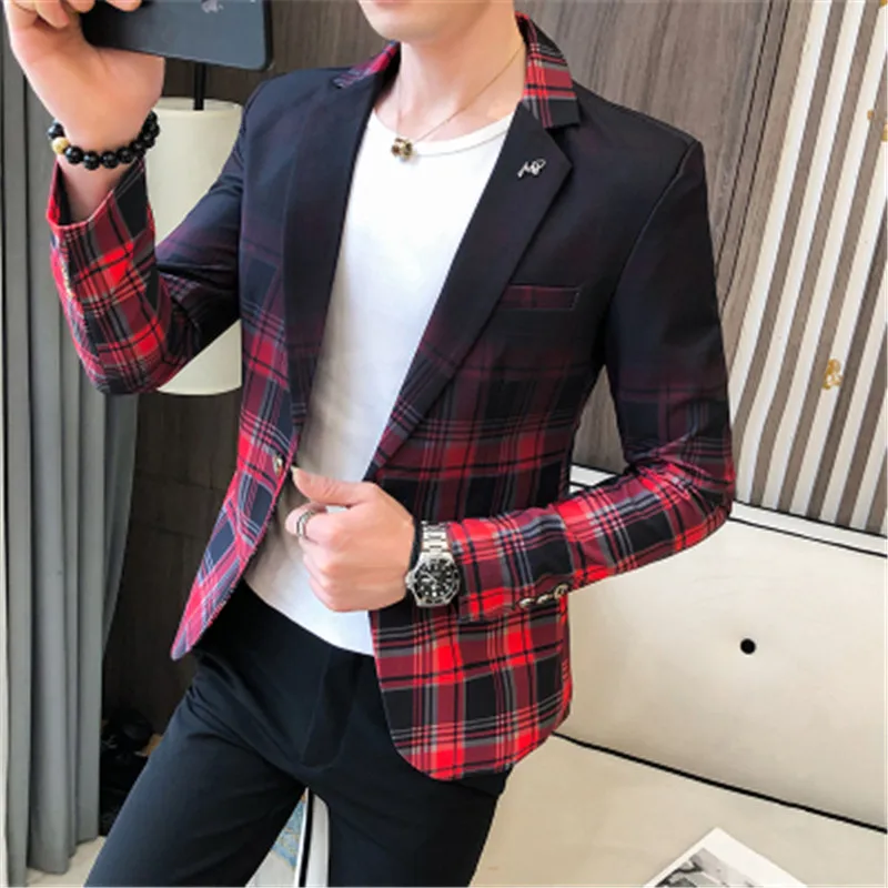 Men Blazer Homme Casual Suit Coat Slim Fit British Plaid Blazer for Men Designer Jacket Prom Dresses 2020 Spring Man Clothing