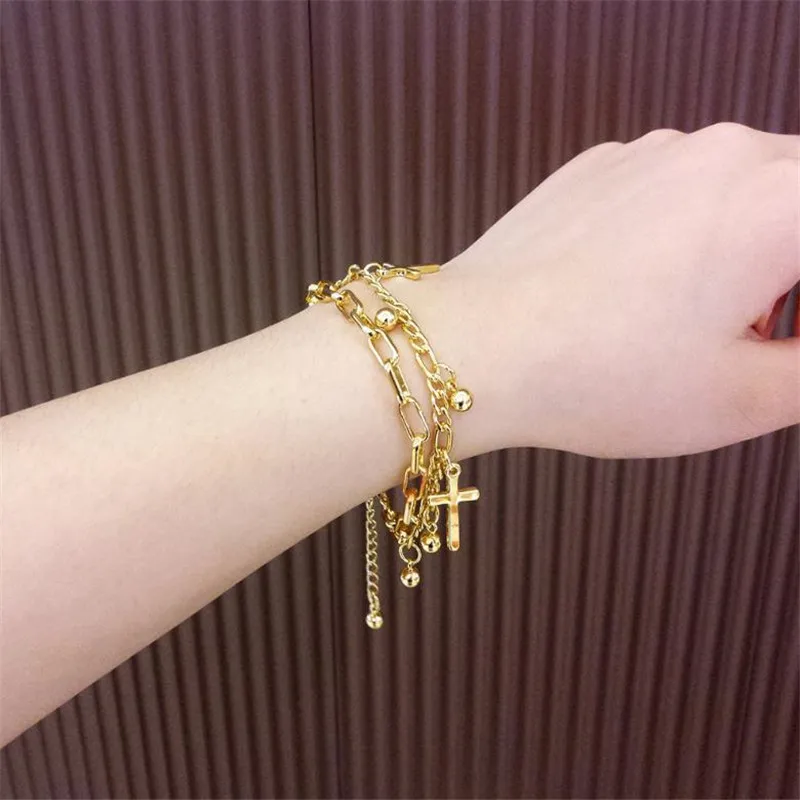 1pcs Classic Stainless Steel Double-layer Chain Bracelet Girl Women Personality Temperament Cross Ornaments Accessories