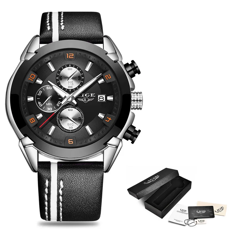 Mens Watches Top Brand Luxury LIGE New Fashion Waterproof Sport Quartz Watch Men Blue Leather Chronograph Relogio Masculino - Цвет: Silver black