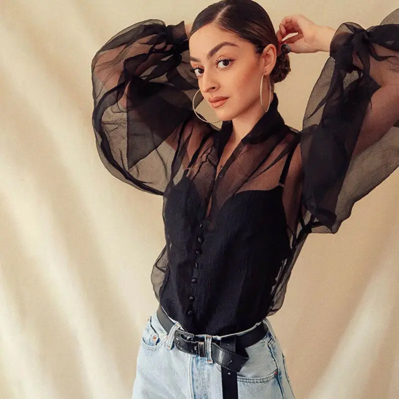 

Women See-through Sheer Mesh Blouses Tops Causal Blouse Puff Sleeve Button Slim Top Shirts Elegant Women OL Autumn Blusas Club