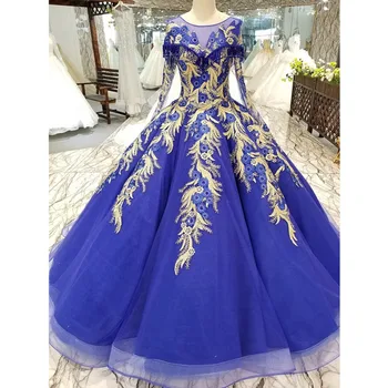 

BGW 22010ht Royal Blue Evening Dress O-neck Long Tulle Sleeves Floor Length Evening Party Dress With Shiny Lace China Wholesale