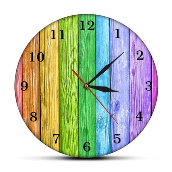 

Colorful Wood Background Retro Printed Wall Clock Modern Rustic Decoration Rainbow Colors Old Planks Farmhouse Style Wall Clock