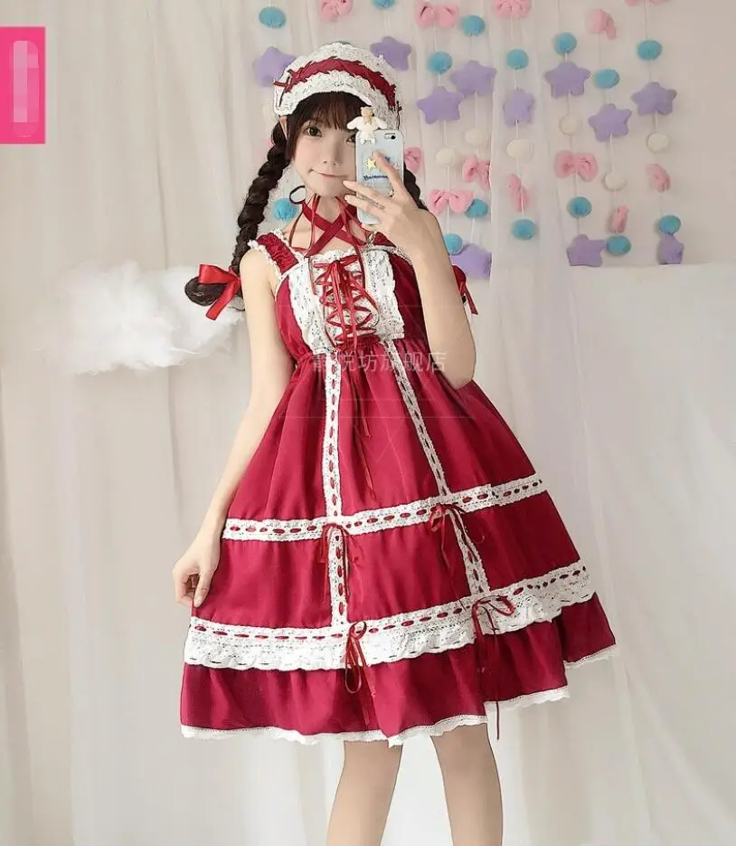Cos Loli JSK Shoulder-Strapes Lace Dress Lolita Japanese Mori Girl Cute Kawaii Retro Gothic Princess Tea Party Dress Cos lolita dress lolita suspender dress lolita cosplay costumes