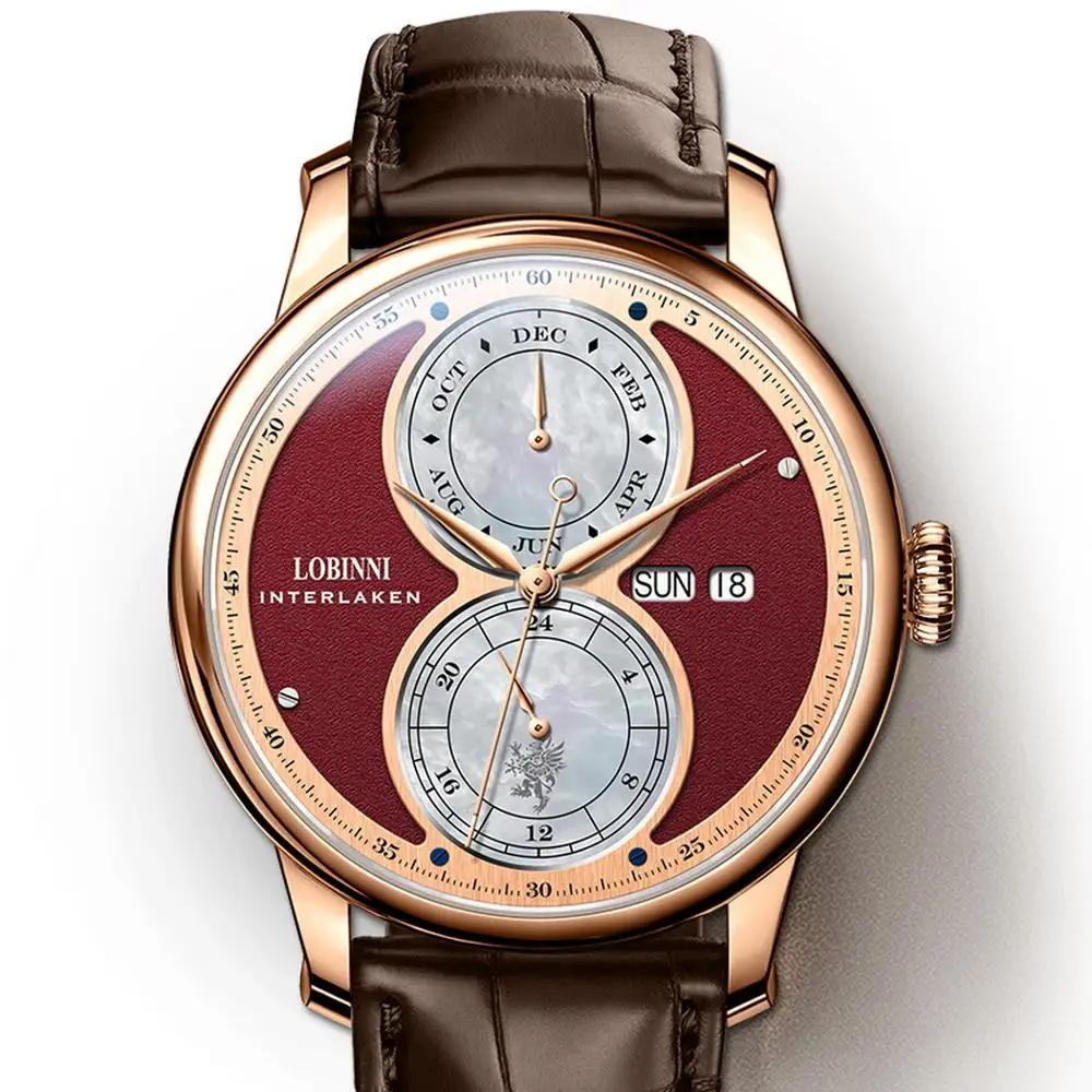 

Мужские автоматические часы LOBINNI, Роскошные мужские часы, механические наручные часы с автоподзаводом, водонепроницаемые часы с сапфировым ремешком и кожаным ремешком, неделя