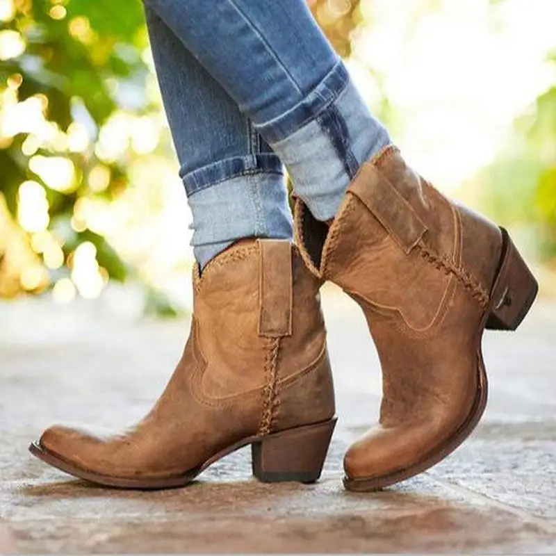 

women ankle boots chunky high heels slip on warm shoes woman chaussure gladiator vintage PU leather booties wxz265