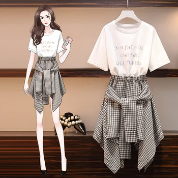 

Summer Plus Size New Fashion two piece set Women Loose White t-shirt + mini Irregular Skirt Streetwear Chic 2 piece set women