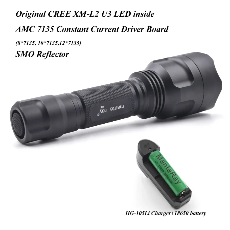 C8 черный CREE XM-L2 U3 светодиодный фонарь, с HG-105Li одним зарядным устройством, 3,7 v 3000mah 18650 перезаряжаемый аккумулятор