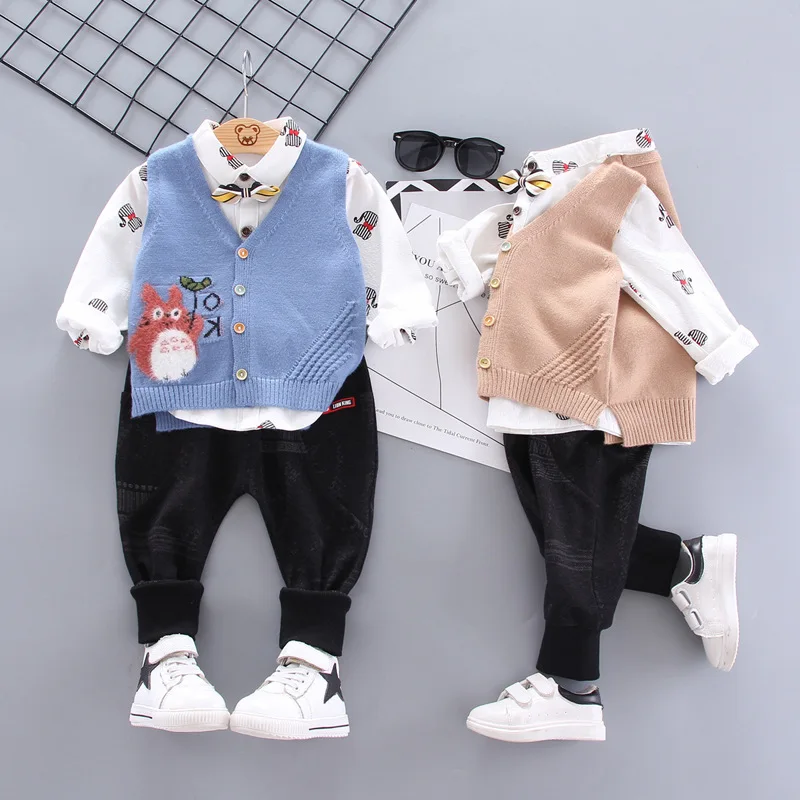 Модный детский комплект для мальчиков 1-4 лет, галстук с принтом, рубашка с длинными рукавами и рисунком кота, Детские жилетки, брюки, костюм из трех предметов, детская одежда на осень