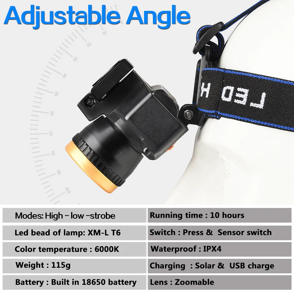 태양열 충전 LED 헤드 램프 방수 센서 헤드 라이트, 18650 배터리 사용, USB 충전식 헤드 램프, 야외 캠핑용