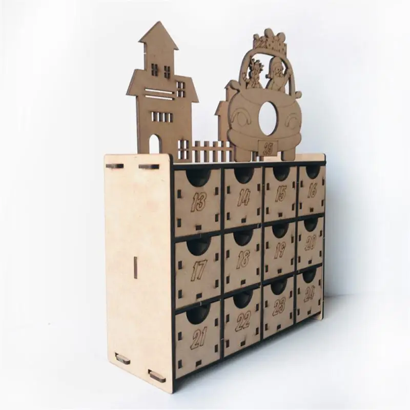 1 Pcs Wooden Advent Calendar Double Sided 13-24 Numbered Drawers Christmas Decoration Children Gifts Small Treats Storage Box