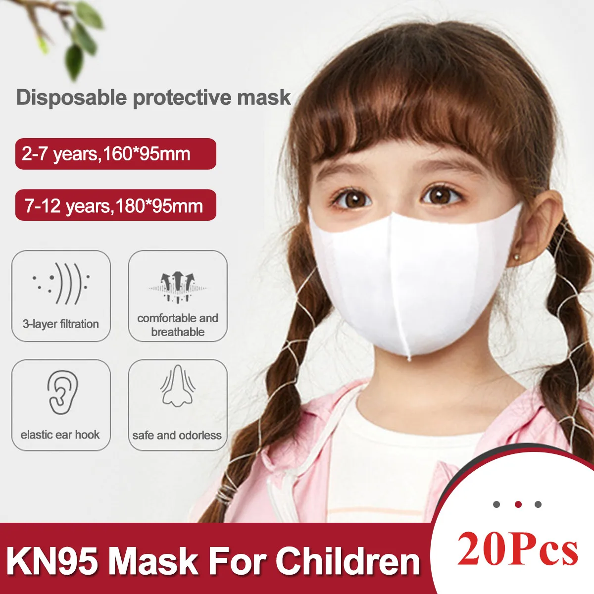 

2-14 Year 20Pcs 3D KN95 Disposable Elastic Mouth Soft Breathable For Children Kids Baby Face Non-woven Fabric Protective Mask