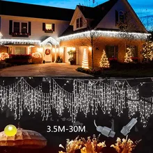 

Street Winter Garland LED Curtain Icicle String Light 3.5M-35M Droop 0.3-0.5m Mall Eaves Garden Stage Outdoor Decorative Lights