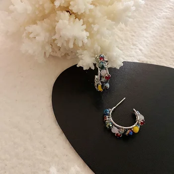 

MENGJIQIAO New Handmade Elegant Colorful Crystal Hoop Earrings For Women Students Vintage C Shaped Holiday Pendientes Jewelry