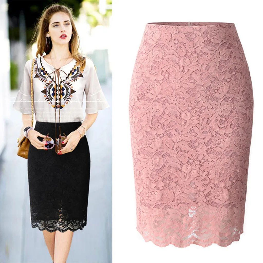 Черные розовые кружевные женские юбки, прямой с высокой талией, юбка для похудения, облегающая, мягкая, повседневная, офисная, Женская юбка T3
