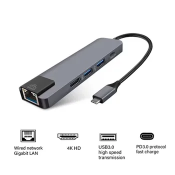 

5-in-1 Type-C Adapter USB HD RJ45 Port Converter TF SD Memory Card Reader High Speed USB3.0 Hub Charger Network card