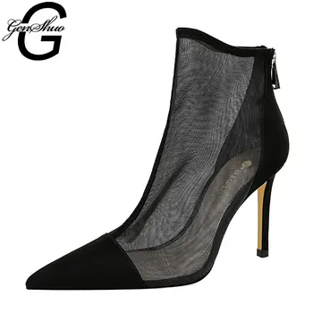 

GENSHUO Ankle Boots For Women High Heels Pointed Toe Mesh Pumps Stiletto Party Dress Shoes Botas Zapatos De Mujer Femme Tacon