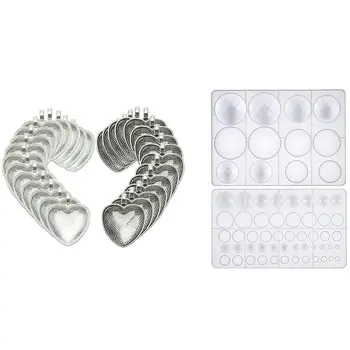 

2x Cabochon Gem Resin Silicone Molds & 30 Counts Heart Bezels Silver Pendant Trays with 30 Counts Glass Cabochon Heart