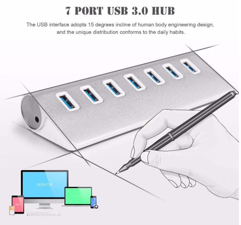 USB 3,0 концентратор 4/7 порт алюминиевый usb-хаб высокоскоростной 5 Гбит/с 3,0 концентратор usb многопортовый usb-разветвитель для ПК компьютер аксессуары для ноутбука - Цвет: 7 Ports