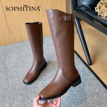 

SOPHITINA Winter Motorcycle Mid-calf Boots Woman Genuine Leather Square Toe Med Square Heel Slip On Buckle Lady Shoe PO817