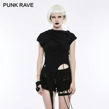 Панк РЕЙВ панк рок с капюшоном Асимметричная строчка женская футболка Готический стиль хлопок короткий рукав черный топы тройники Повседневная Толстовка