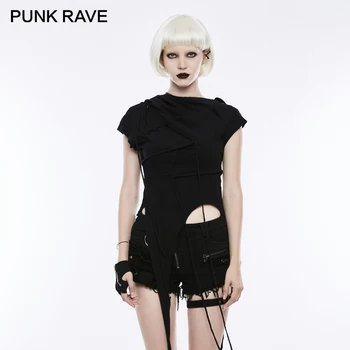 

PUNK RAVE Punk Rock Hooded Irregular Stitching Women T-shirt Gothic Style Cotton Short Sleeve Black Tops Tees Casual Sweatshirt