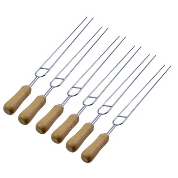

Useful U Shape Wooden Handle Stainless Steel BBQ Tool Set BBQ Roast Barbecue Needle Skewer for Home Party BBQ Supplies 6 Pcs/set