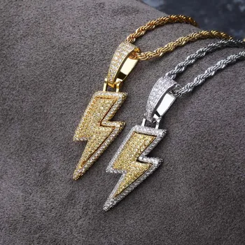 

Hip Hop Iced Out Bling Lightning Pendant With Tennis Chain Gold Silver Color Micro Pave CZ Men Necklace Party Jewelry