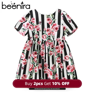 

Girl Short Sleeve Dress European and American Style 4-14Y 2020 New Summer Style Striped Floral Dress Kids Dresses