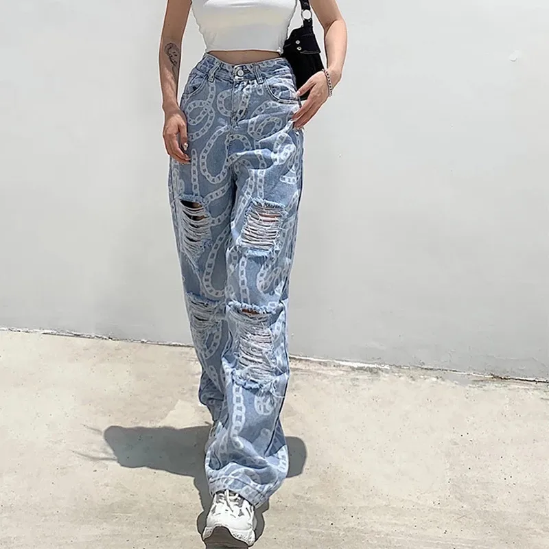 Fashion High-rise Ripped Wide-leg Jeans 