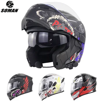 

SOMAN Custom Helmet Bluetooth Modular Motorcycle Helmet Full Face Dot Flip Up Visor Helmets Men Cool Racing Capacete Casco Moto
