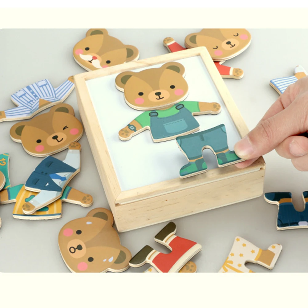 Baby Kids Toys Wooden Bear/Profession Suit Changing Clothes Magnetic Puzzles Set 6 Clothes Jigsaw Box Educational Children 3