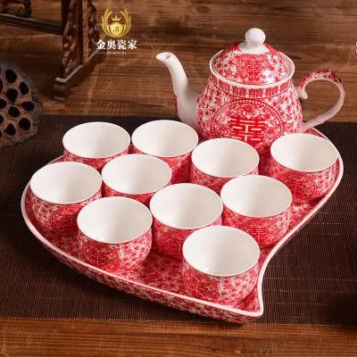 Высококачественный китайский свадебный подарок свадебные принадлежности красная керамическая чашка чайник двойной-счастье чайник в форме сердца лоток набор - Цвет: 1