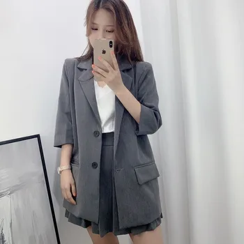 

Vintage British style 3 quarter sleeve Loose Pleated Skirt Suits Early Spring Autumn 2 Pieces Set Women's set