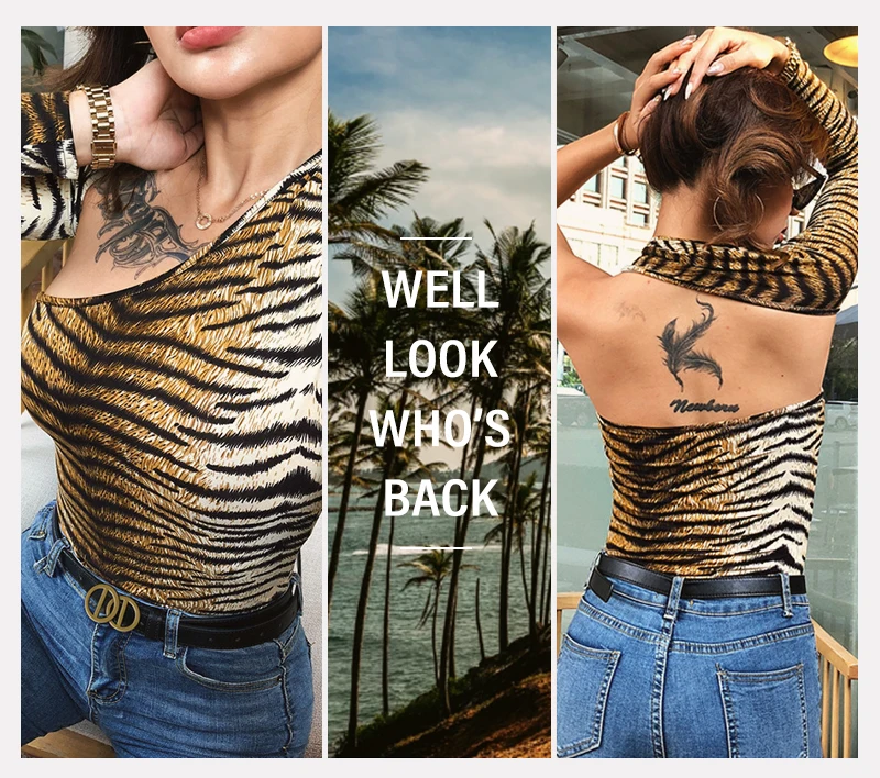 Winter Women Sexy Bodysuit Autumn Fashion Casual Long Sleeve Tiger Printed Bodycon Bodysuit For Women