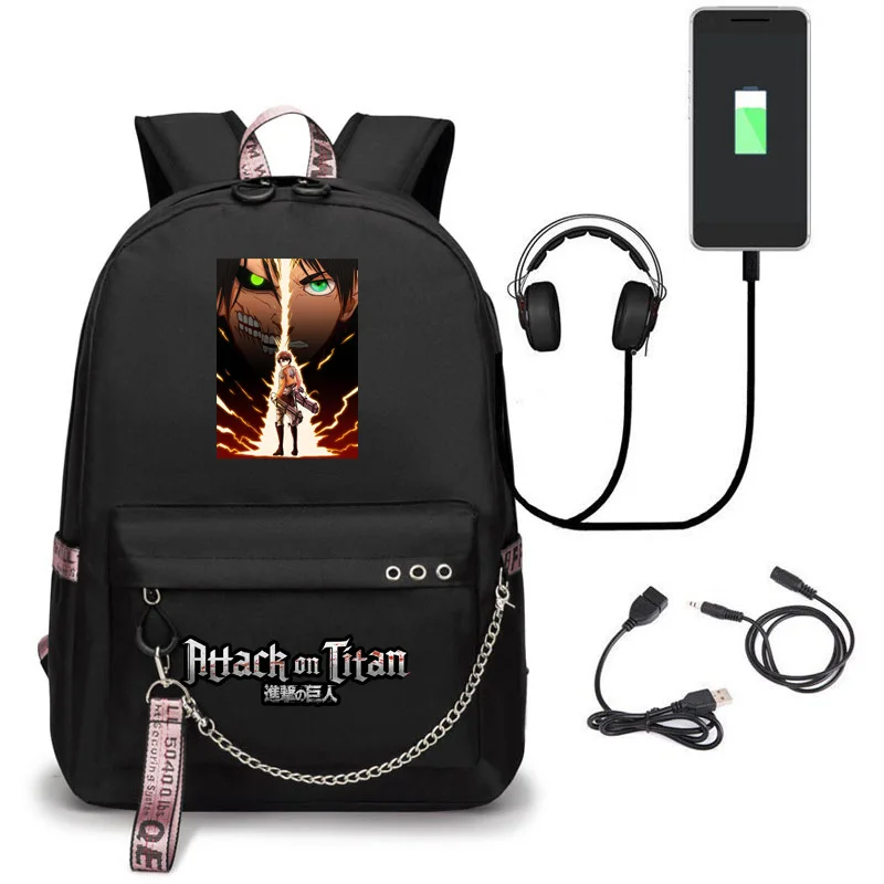 Attack on Titan Backpack Eren Bag Shingeki No Kyojin USB Charging Schoolbag Unisex Titans Attack Backpack Travel Gift Teens