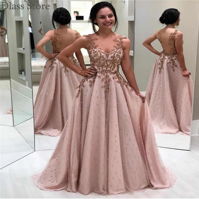 Cocktail Dress Sexy Beads Long Elegant Lace Appliques Evening Party Dresses Backless A Line vestido de fiesta de boda