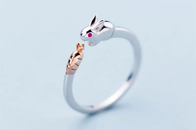 ANENJERY, кольцо для открывания с милым кроликом морковкой, 925 пробы, серебряное кольцо с животным для женщин и девочек, ювелирные изделия, подарки,, S-R542