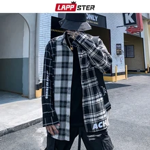 LAPPSTER Мужская Уличная клетчатая рубашка Мужская хип-хоп рубашка с длинным рукавом на пуговицах модная черная рубашка Harajuku повседневная одежда