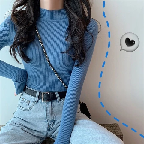 2021 Long Sleeve Women's Slim Knit Sweater All-match Keep Warm Base Sweater Half High Collar Top