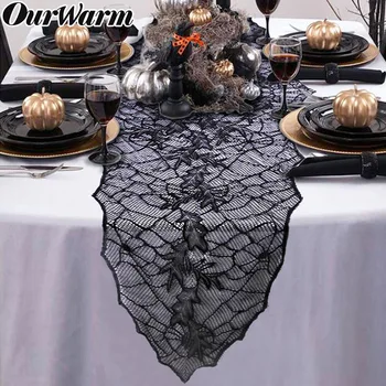 

OurWarm Halloween Party Black Spider Lace Table Runners Tablecloth Haunted Home Horror Props Halloween Decorations 188*55cm