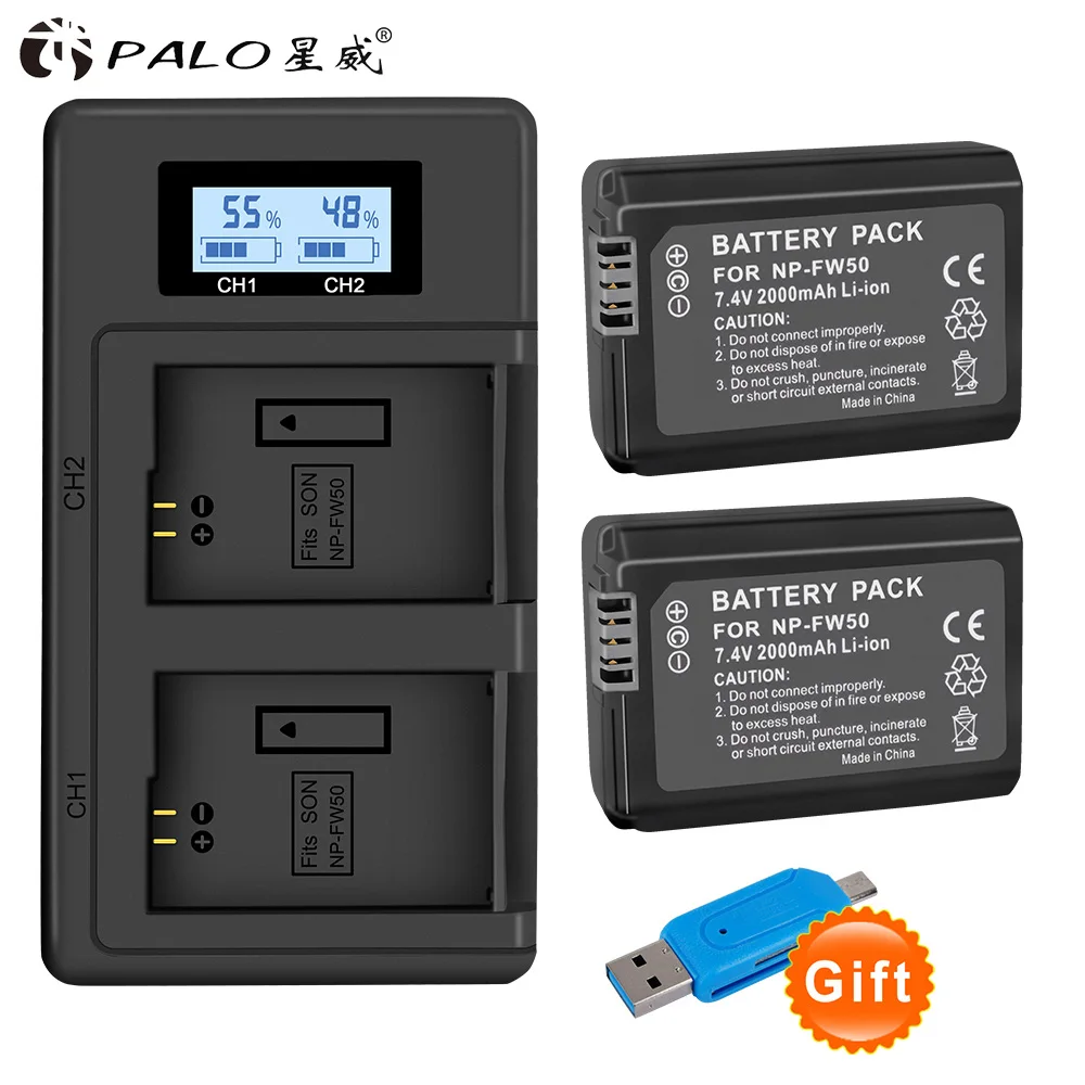 PALO 2 шт 2000mAh NP FW50+ USB Интеллектуальный ЖК-NP-FW50 зарядное устройство камера батарея для sony Alpha a6500 a6300 a6000 a5000 a3000 - Цвет: 2pcs with charger