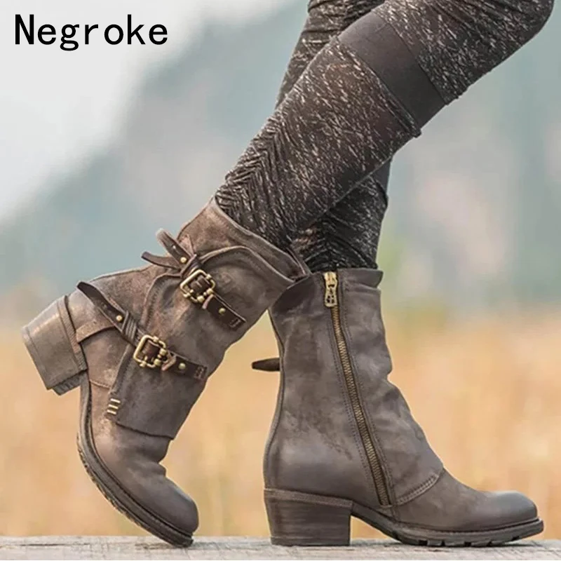 Punk Style Cross Buckle PU Leather Ankle Boots For Women Motorcycle
Boots Chunky Heels Casual Shoes Round Toe Short Female Boot