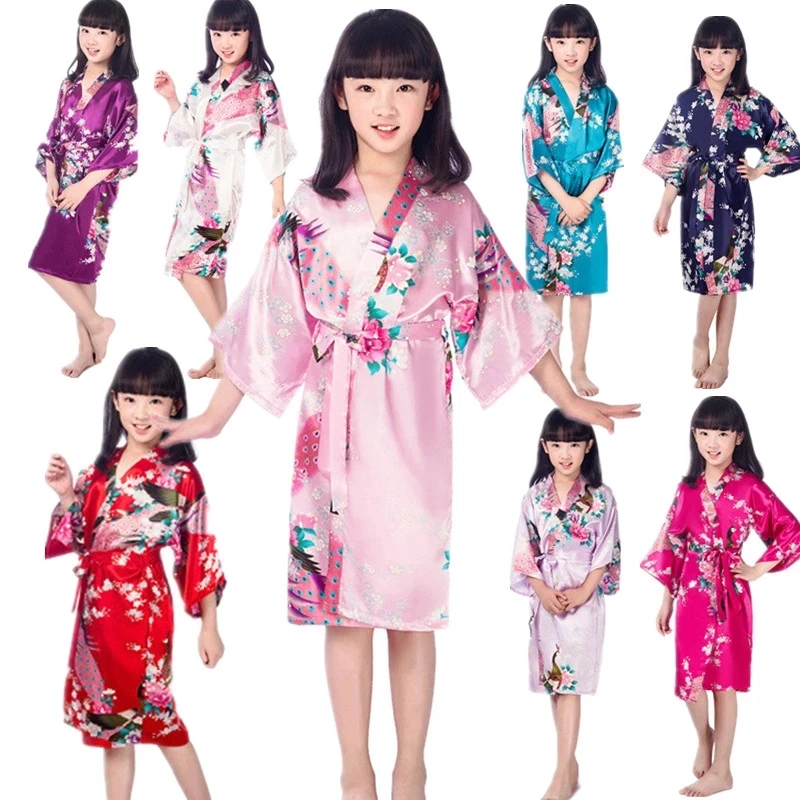 WholesaleLinkChildrenBathrobesKidsSleepwearClothingGirlsStainSilkKimonoPeacockFlower