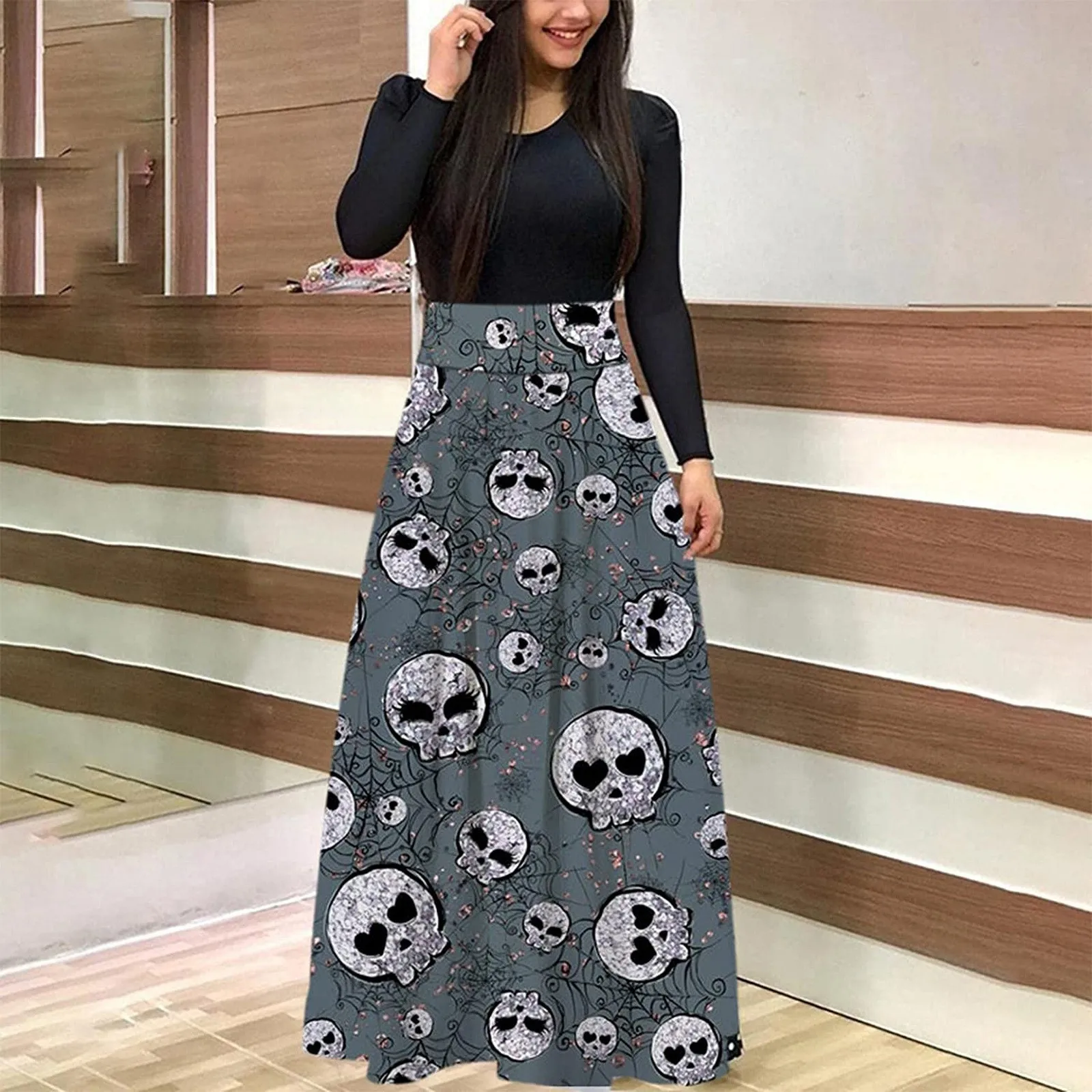 Halloween dresses for Women 2021 Stitching Vintage Print Long Sleeve Loose High Waist Wedding Holiday Party Splice Maxi Dresses 2