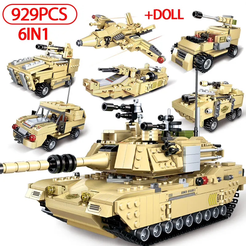  6 In 1 929PCS M1A2 Main Battle Tank Building Blocks Legoingly Military WW2 Soldier Figures Model Ve