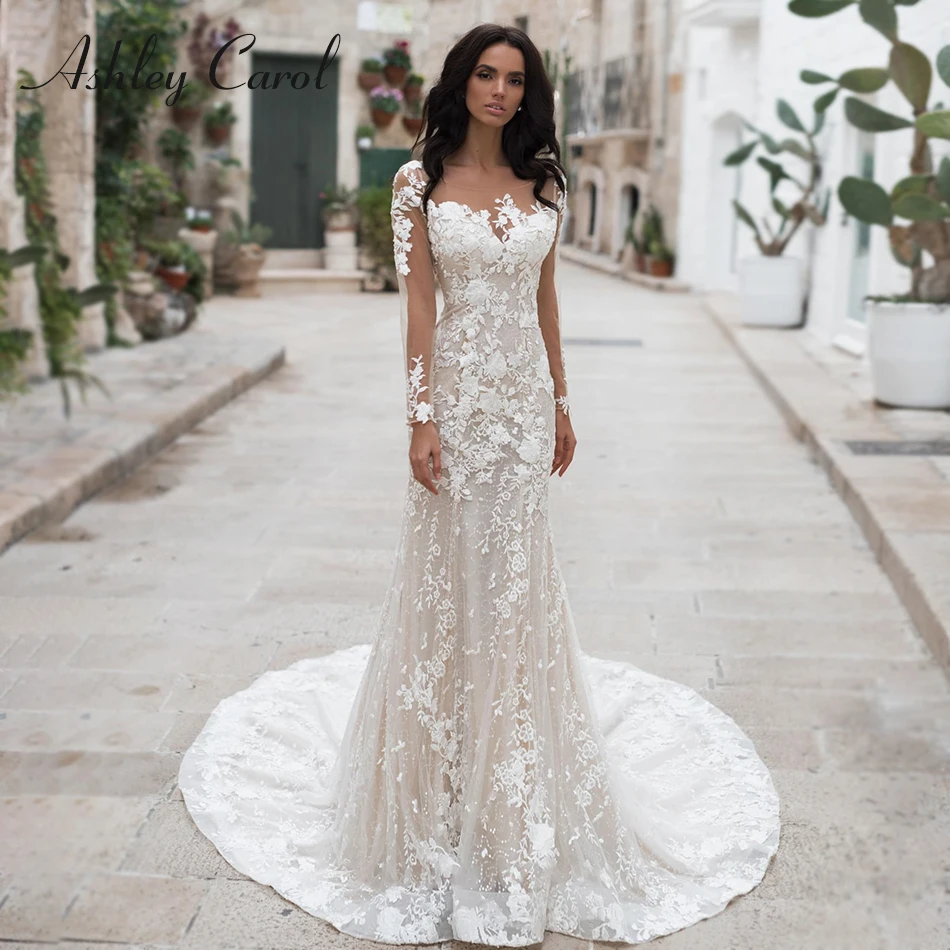 

Long Sleeves Lace Mermaid Wedding Dresses 2020 Vestido De Noiva Champagne Romantic Appliques Button Bridal Gowns Ashley Carol