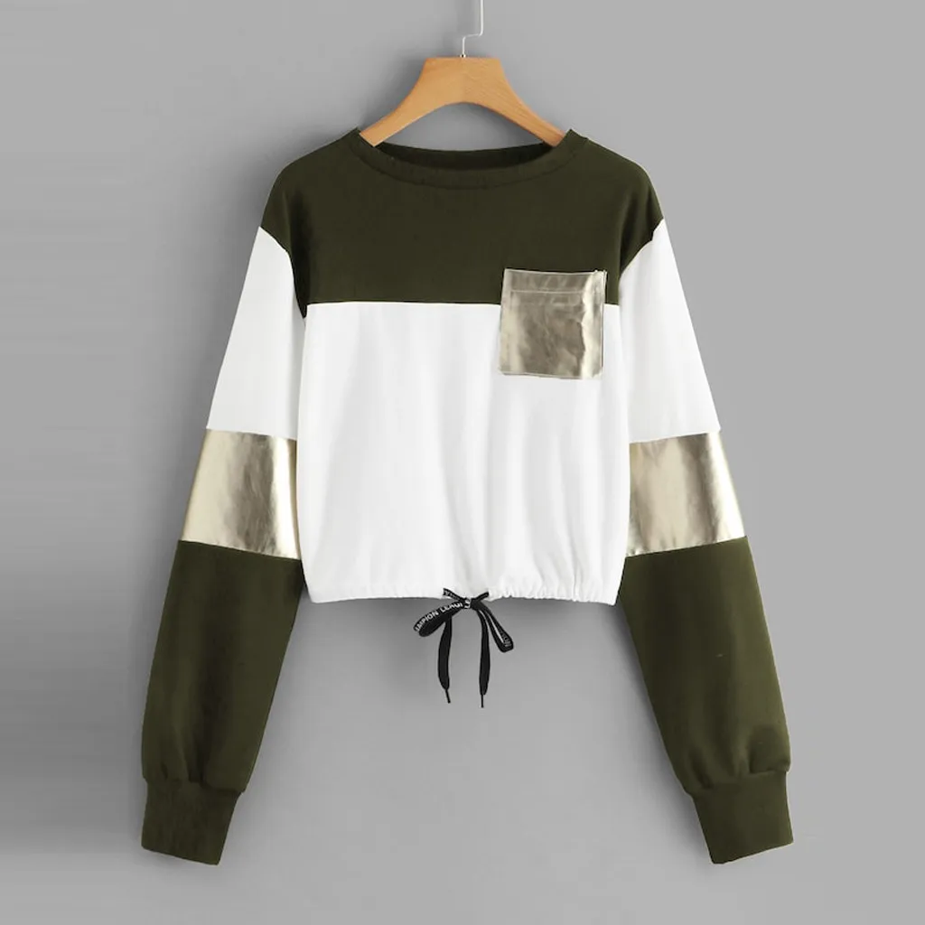 JAYCOSIN Fashion Women Casual O-Neck Sweatshirt Long Sleeve Bandage Patchwork Pocket Unique Elegant Comfortable Soft Chic Blouse